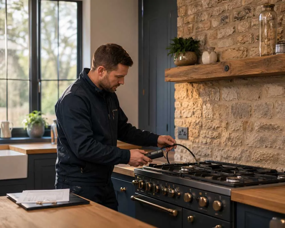 Gas Safe engineer carrying out an LPG appliance safety check for a rental property.