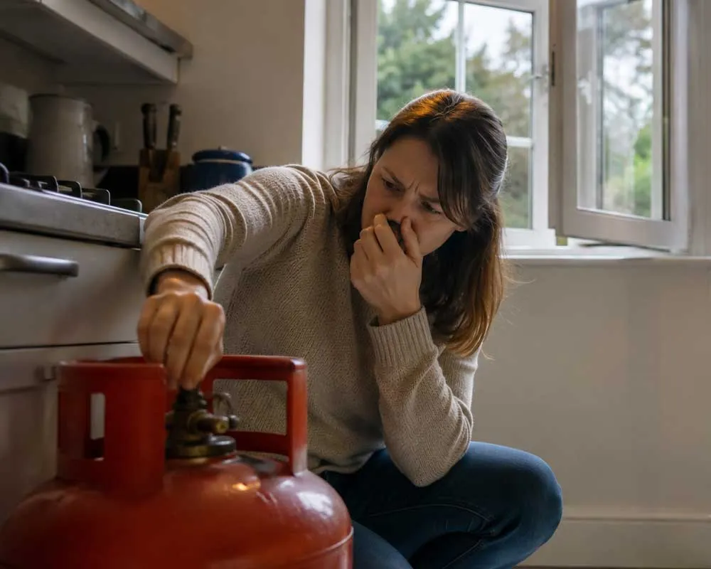 Woman turning off an LPG gas cylinder while family evacuates through an open door during a suspected gas leak.