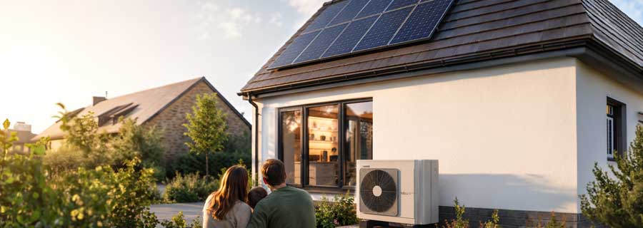 Family outside an energy-efficient home with solar panels and heat pump