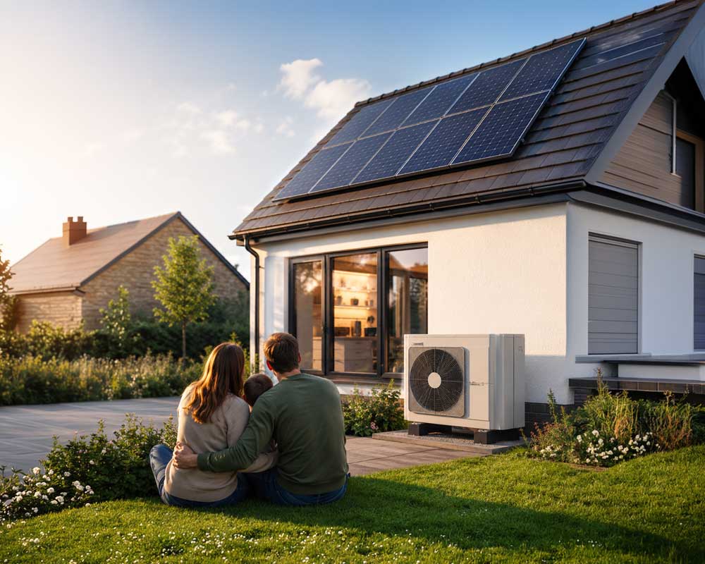 UK home with rooftop solar panels and an air source heat pump