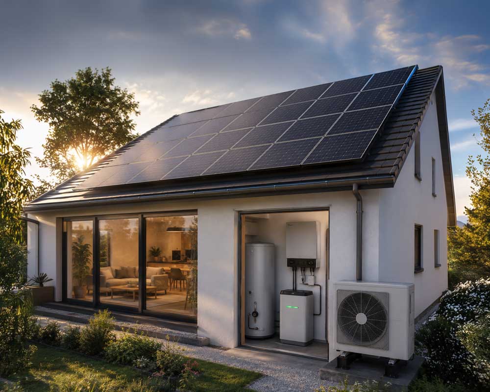Modern UK home with rooftop solar panels and battery energy storage system