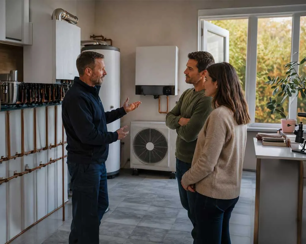 Heating engineer giving homeowners honest advice about gas boilers and renewable heating systems