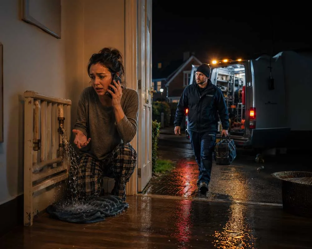 Emergency plumber arriving at a UK home to repair a burst pipe at night