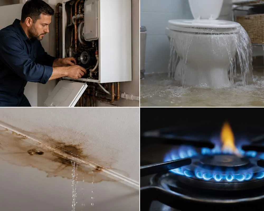 Emergency plumbing and heating services for burst pipes, boiler breakdowns, overflowing toilets, ceiling leaks and gas faults
