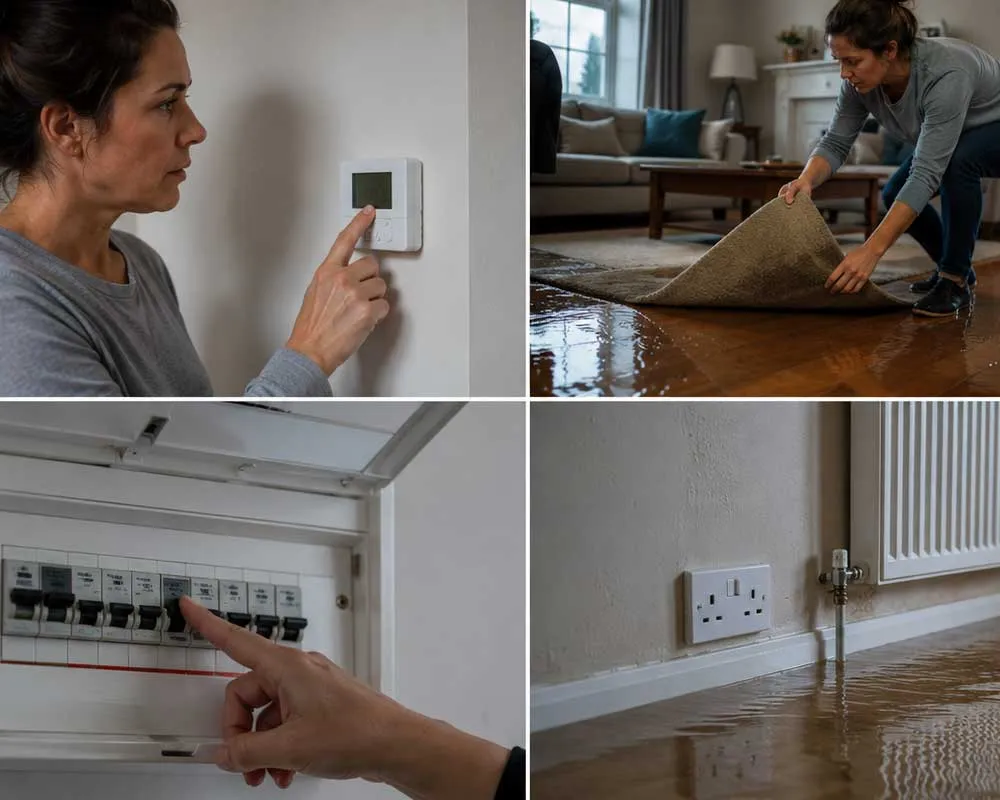 Emergency steps for a burst pipe, including turning off the water, draining taps, switching off heating and protecting the home from flooding