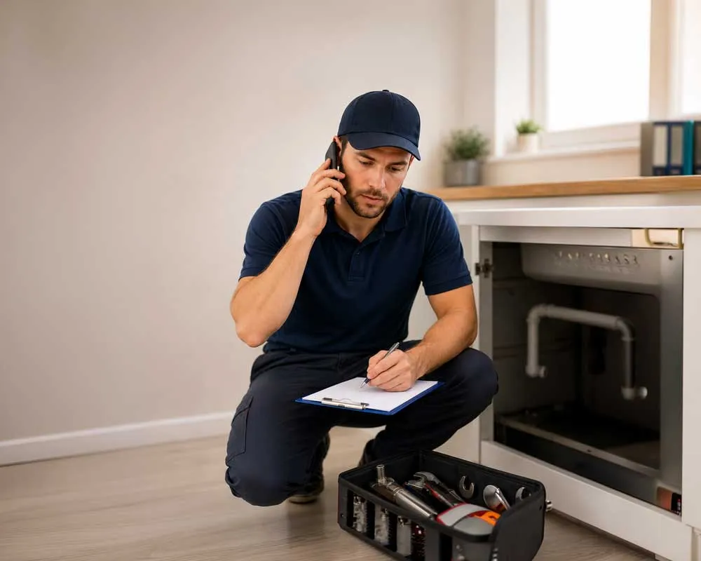 Professional plumber taking a customer call while inspecting kitchen plumbing and writing a repair estimate.