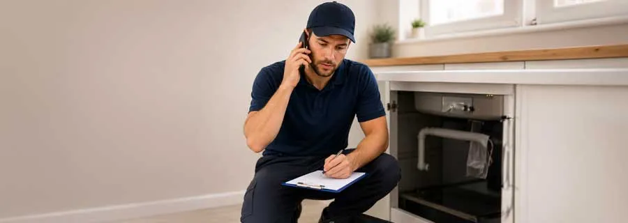 Emergency plumbing technician with clipboard and tools assessing an under-sink repair in a modern home.