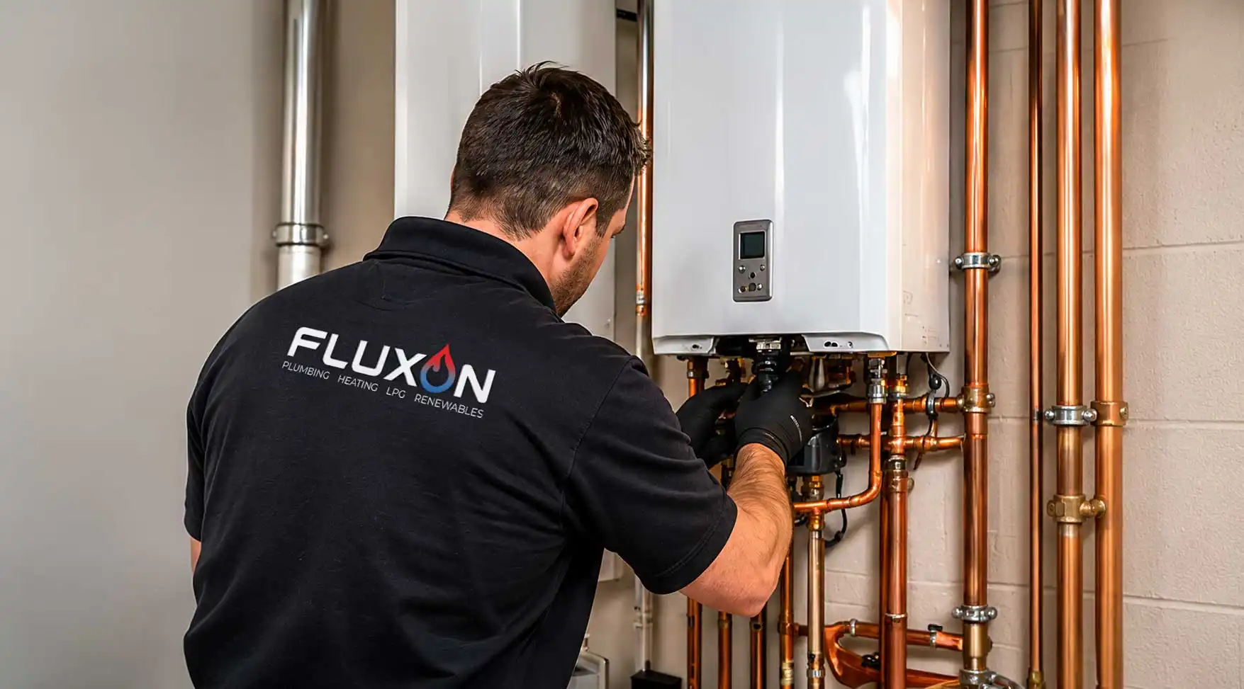 Heating engineer inspecting a wall-mounted boiler and copper pipework during a professional boiler maintenance service.