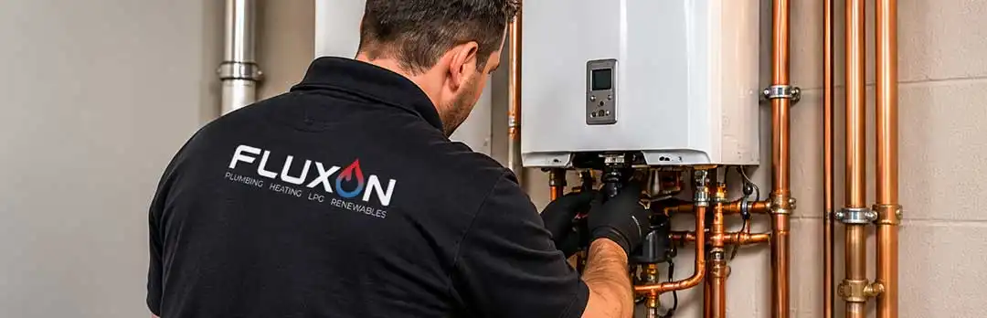 Heating engineer inspecting a wall-mounted boiler and copper pipework during a professional boiler maintenance service.
