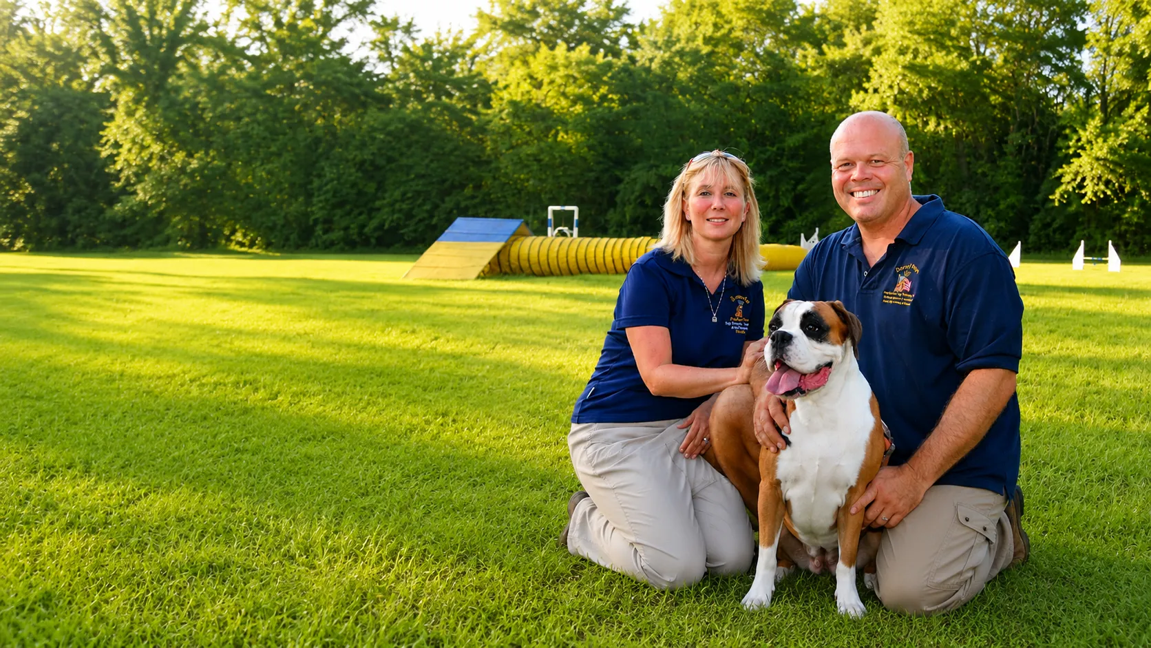 Smiling man and woman kneel on grass with a happy boxer dog on a sunny dog training field.