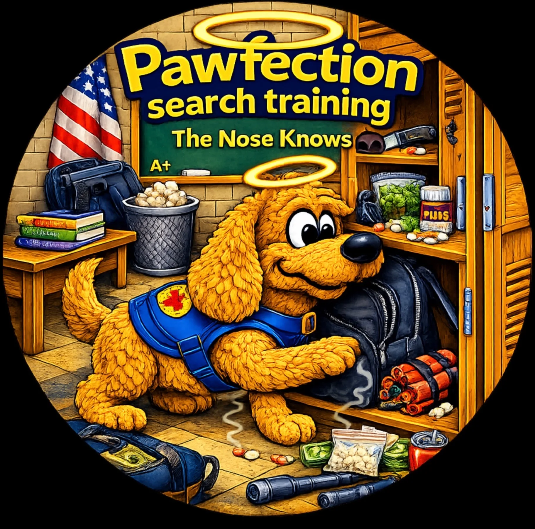 Cartoon dog with halo sniffing a locker with explosives and drugs, titled Pawfection search training.