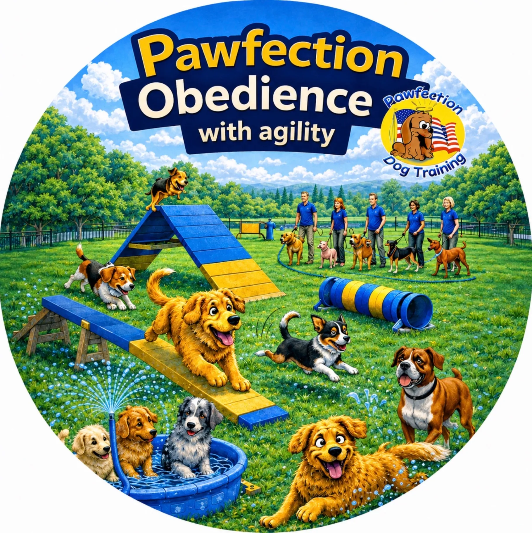Illustration of dogs and trainers at a dog agility and obedience training park.