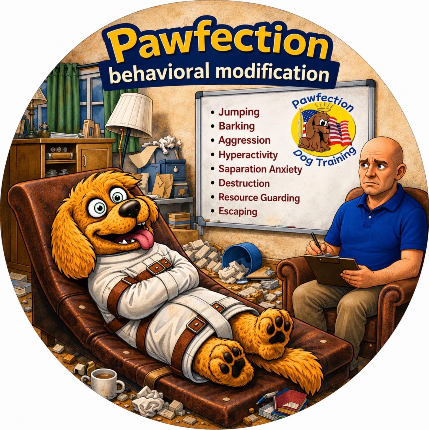 Dog in a straitjacket on therapy couch with therapist, list of dog behaviors on board behind them.