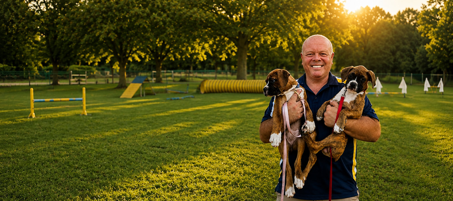 Smiling man and woman kneel on grass with a happy boxer dog on a sunny dog training field.