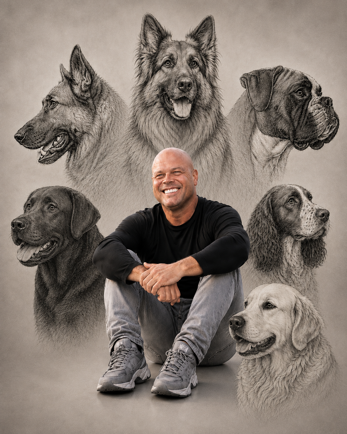 Collage showing Darryl Payne with police dogs, in uniform, training dogs, and logo for Pawfection Dog Training.