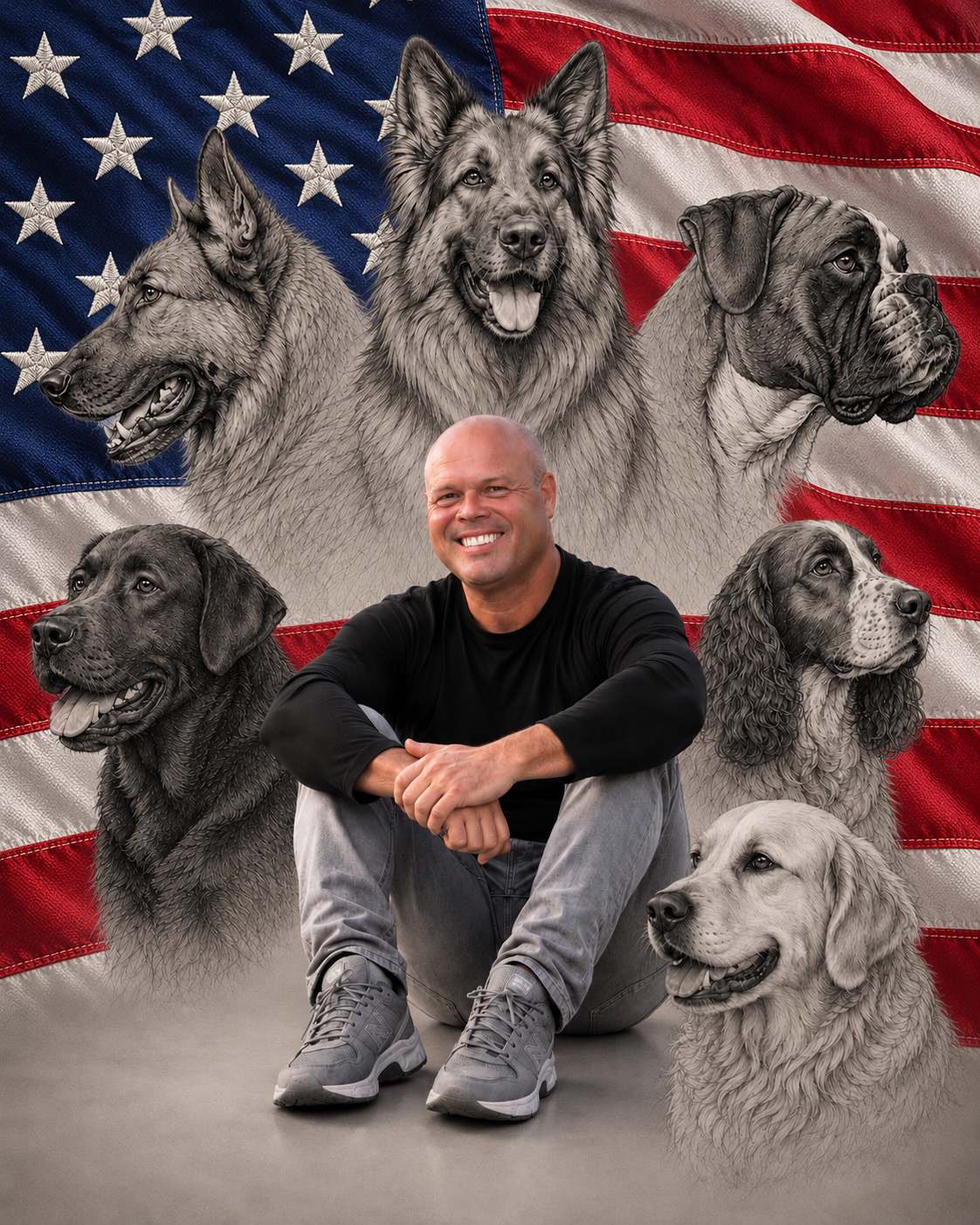 Collage showing Darryl Payne with police dogs, in uniform, training dogs, and logo for Pawfection Dog Training.