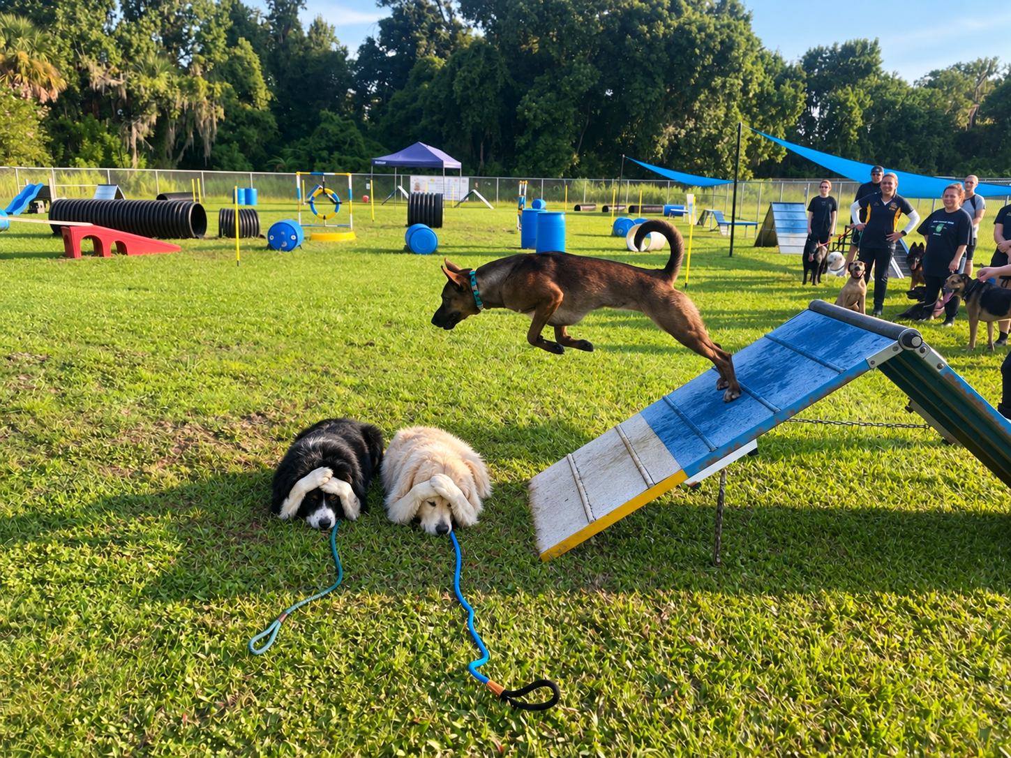 Outdoor dog training course with tunnels, ramps, hurdles, and poles on grass field under clear sky.