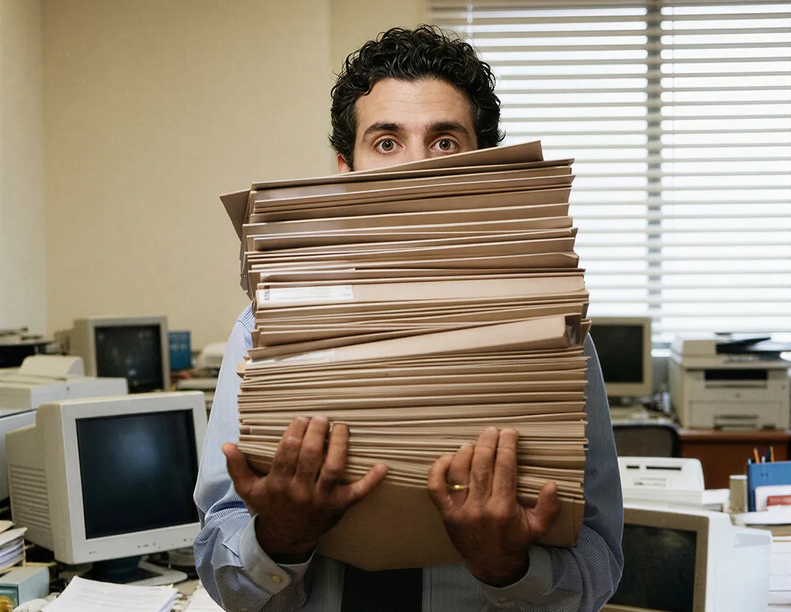 Man in office holding a large stack of file folders, hiding part of his face behind them.
