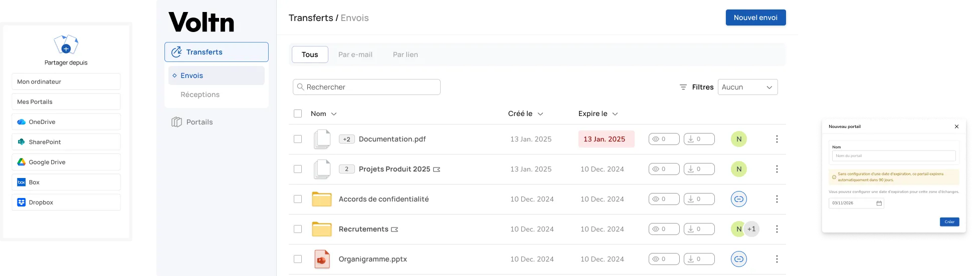 Dashboard Voltn Share, partage et création de portail, interface utilisateur