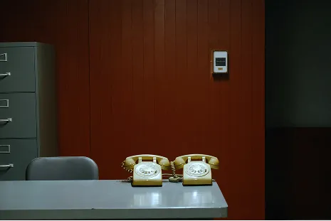 Deux téléphones fixes à cadran posés sur un bureau administratif aux murs de bois