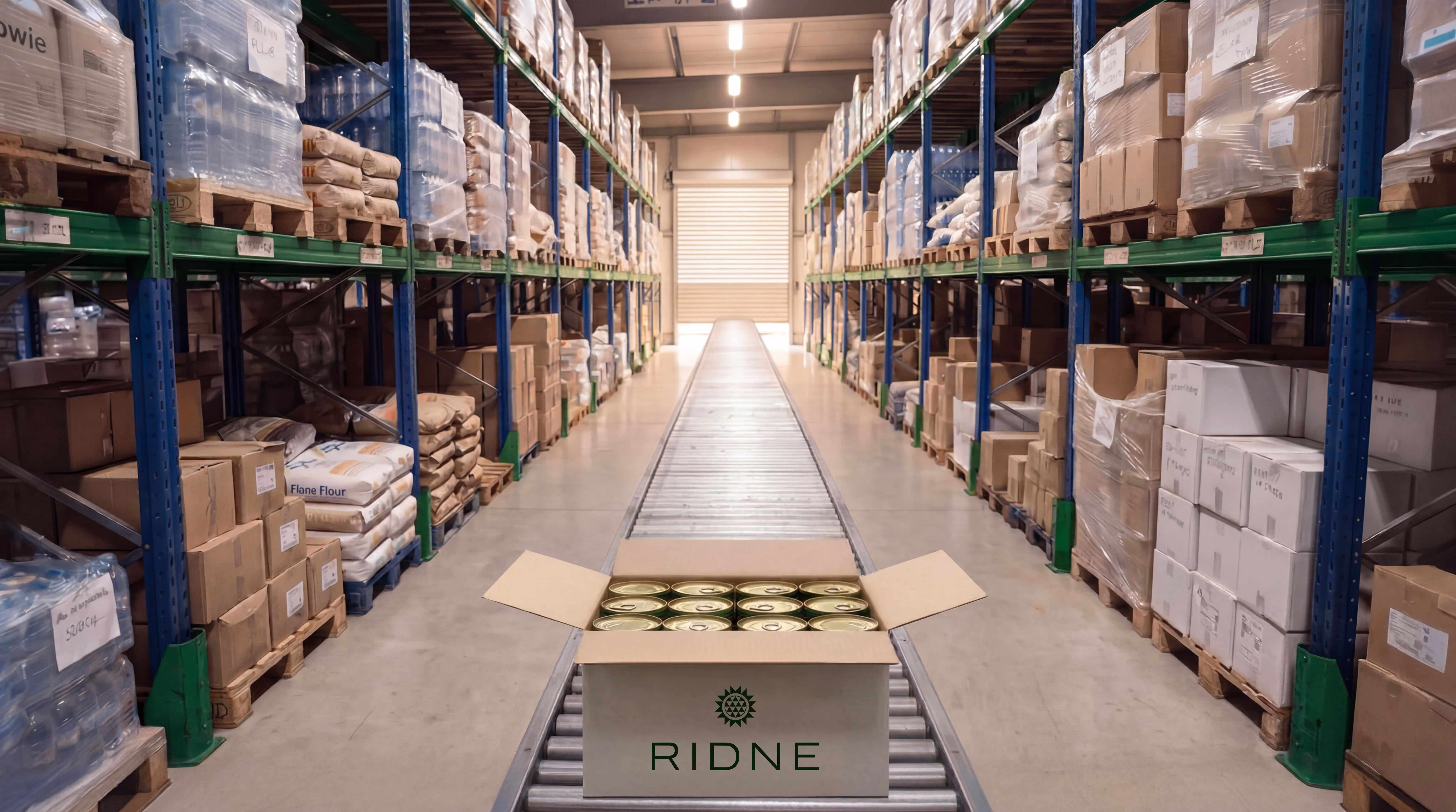 Open box of canned goods on a conveyor belt in a warehouse aisle with stocked shelves.