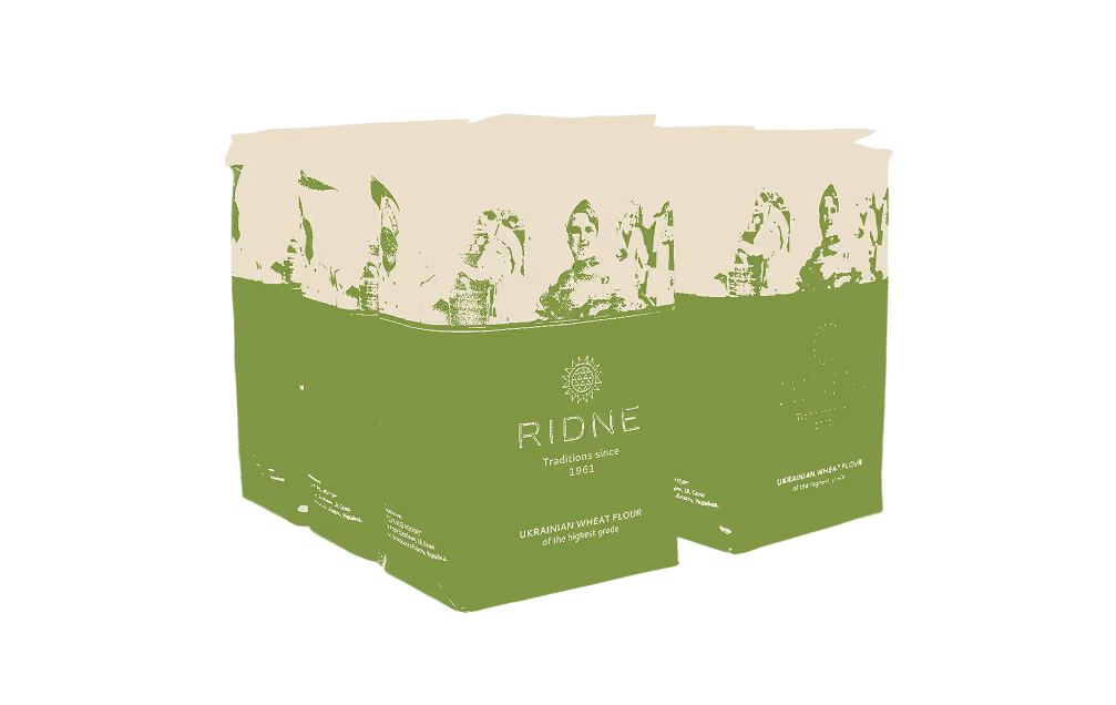 Packages of Ridne Ukrainian wheat flour with green and beige packaging and vintage images of people.