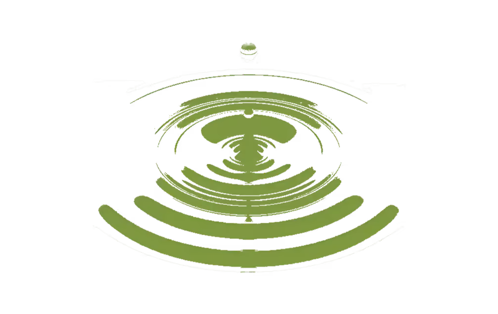 Green water droplet causing ripples spreading outward on a black background.