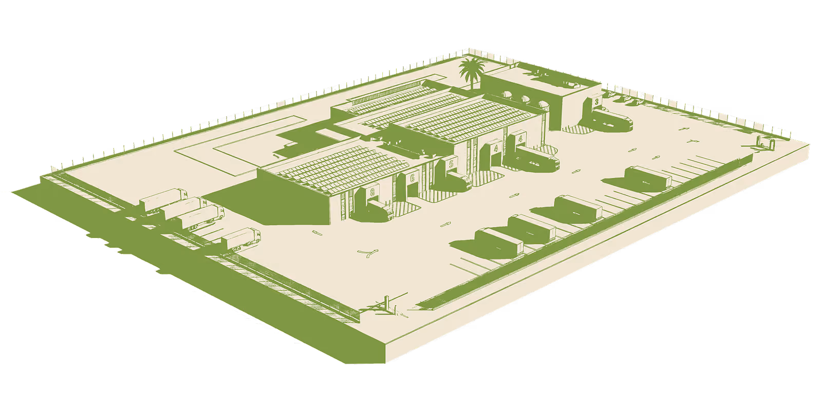 3D model of the Ghana RIDNE HUB with loading docks, trucks, parking spaces, and a fenced perimeter.