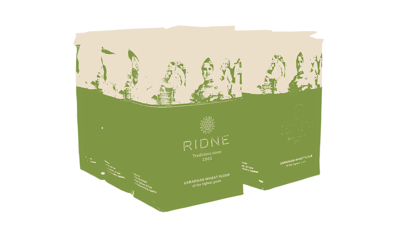 Green and beige boxes of RIDNE Ukrainian wheat flour, tradition since 1961, stacked side by side.