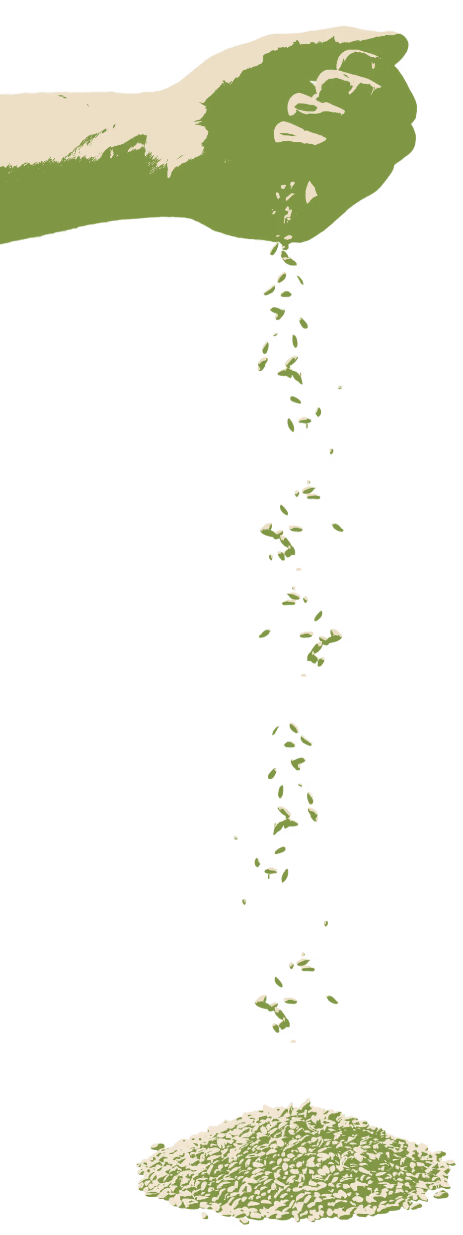 Stylized hand sprinkling leafy green herb flakes onto a growing pile below on black background.
