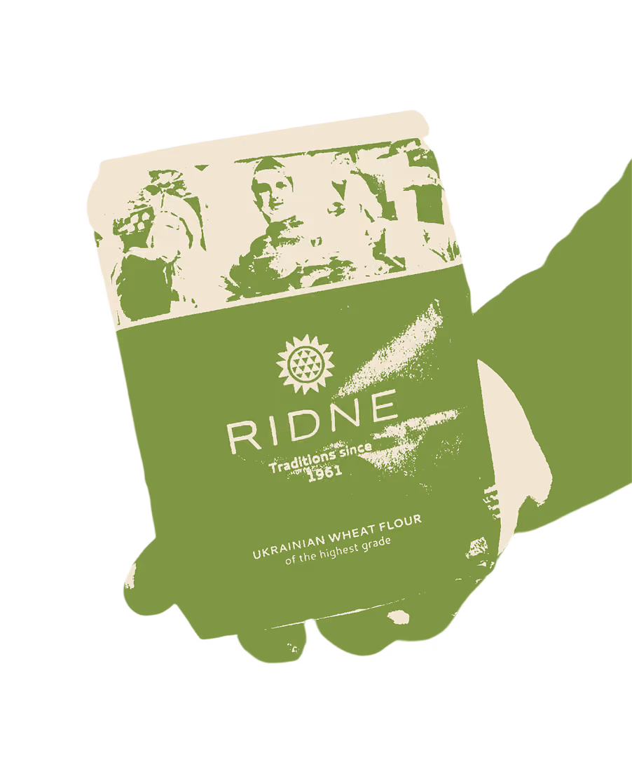 Green and white Ridne Ukrainian wheat flour package with traditional farmer images and 1961 date.