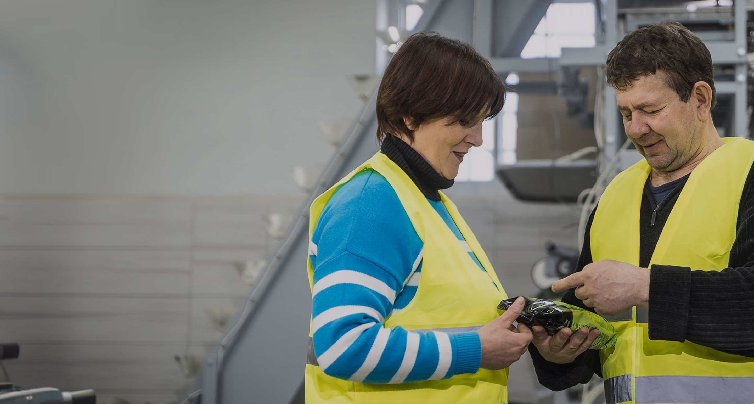 Two workers in yellow safety vests examining a green package in a factory setting.