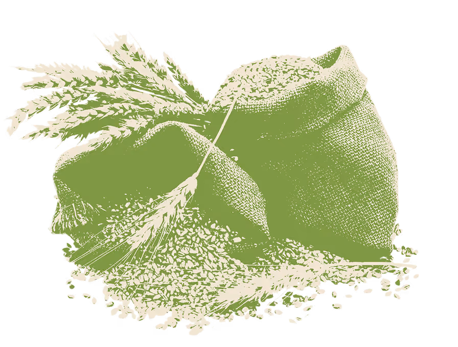 Illustration of two burlap sacks filled with grain and wheat stalks resting on scattered grains.