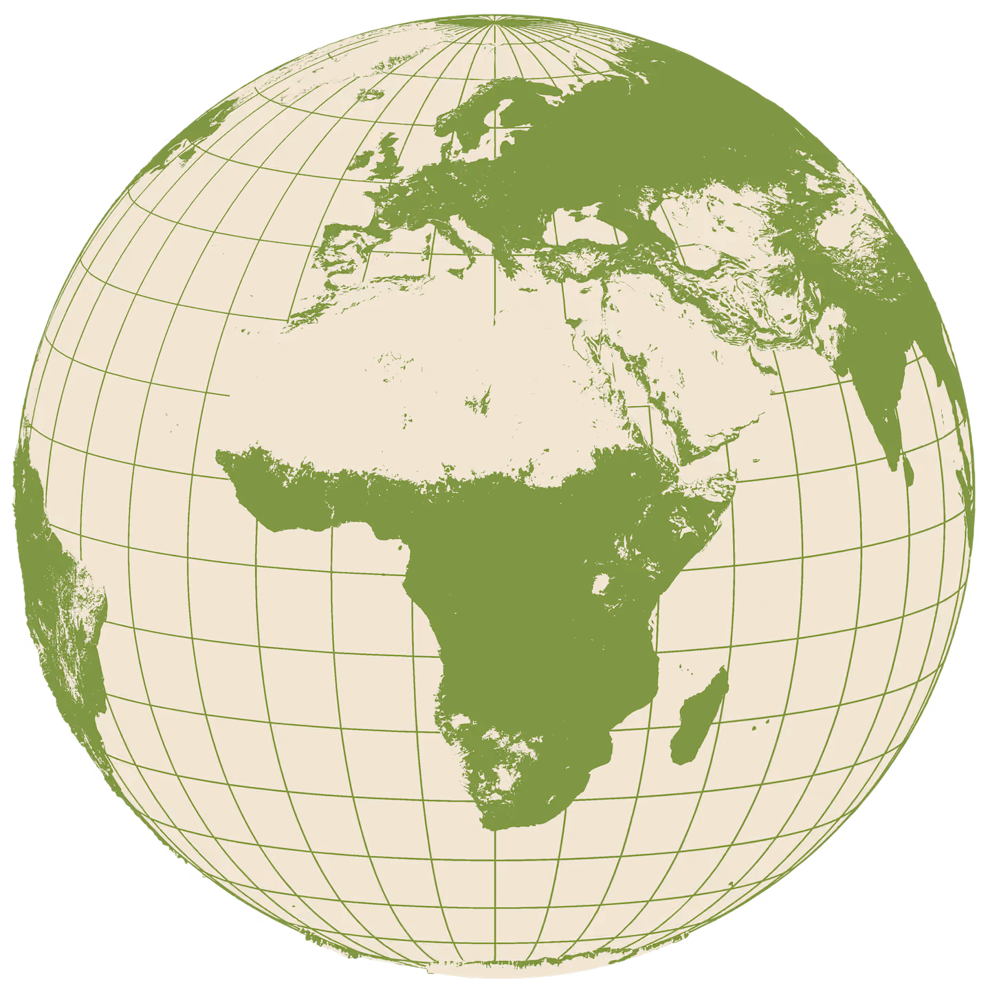 Green landmasses on a cream globe centered on Africa and Europe with longitude and latitude lines.