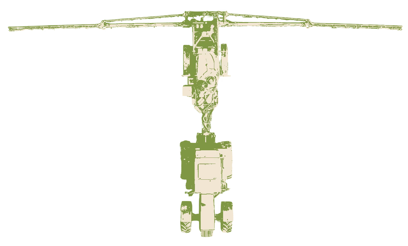 Top view of a green fertilizer spreader tractor with extended arms for field work.