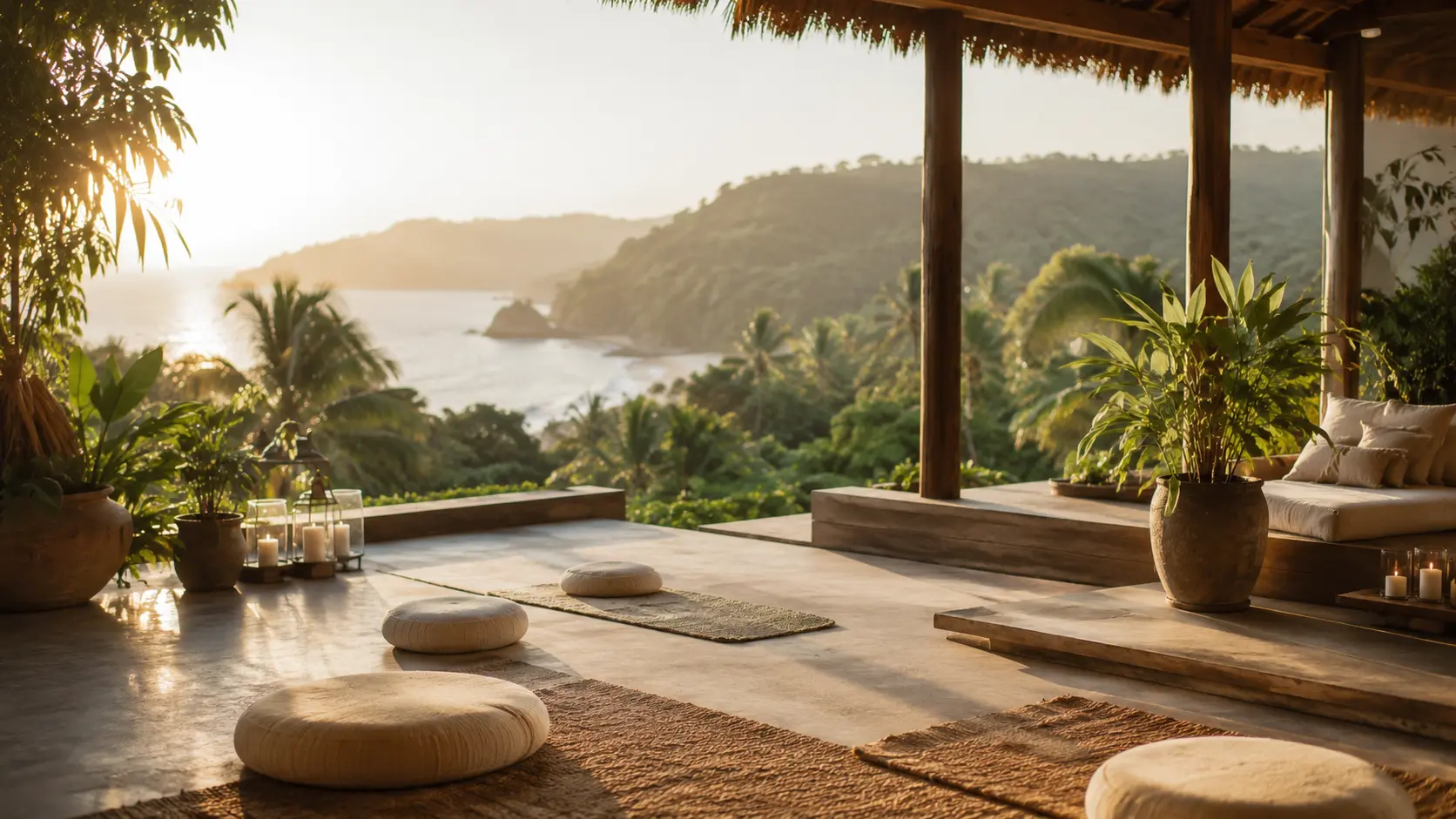 Open-air meditation terrace overlooking tropical hills and ocean