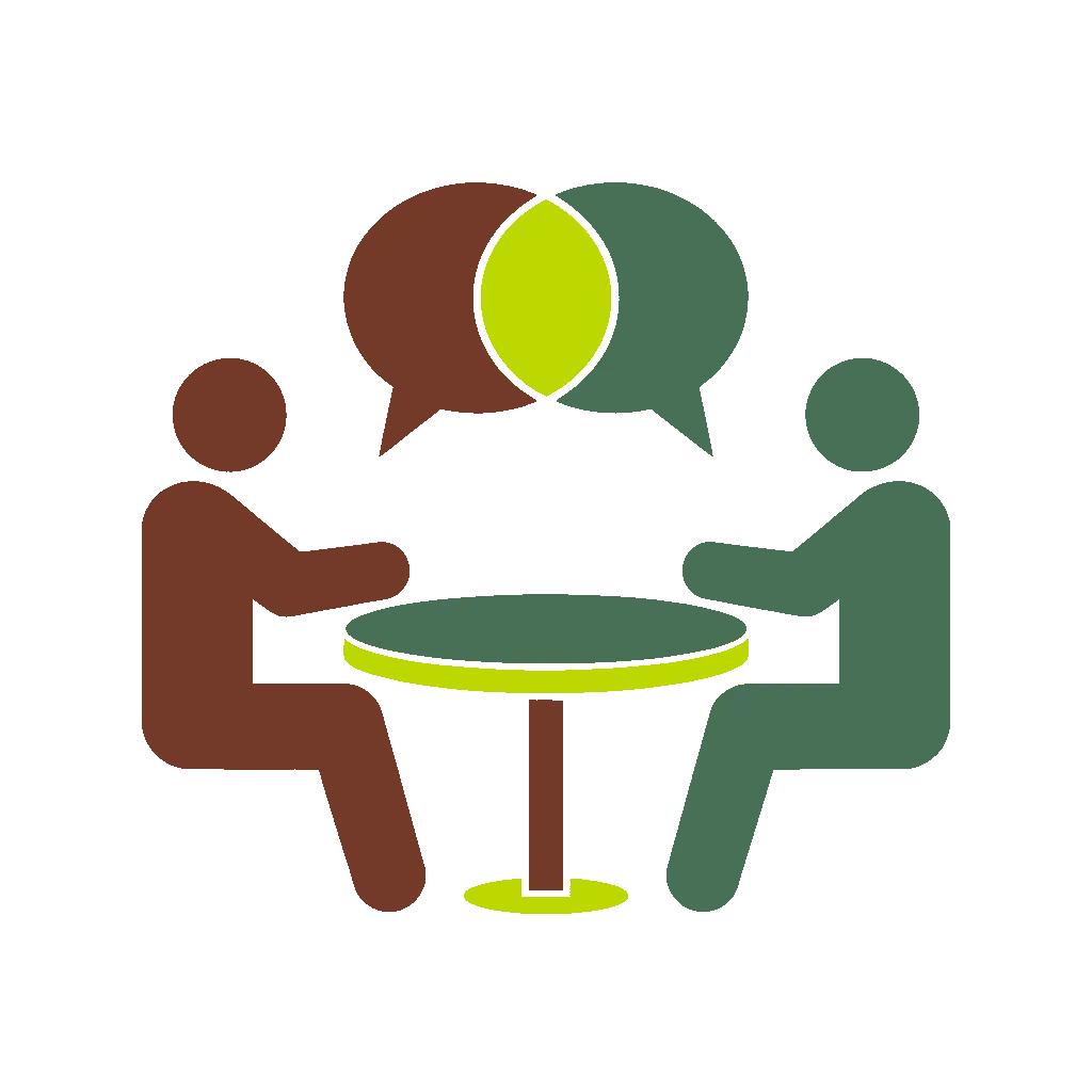 Illustration zweier Personen im Gespräch an einem Tisch mit überlappenden Sprechblasen.