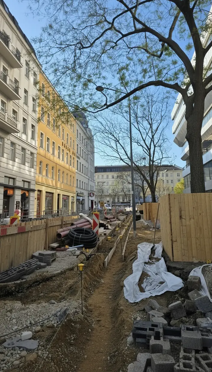 Baustelle in einer städtischen Straße mit Graben, Baustellenabsperrungen, Rohren und Baumstämmen, umgeben von mehrstöckigen Wohngebäuden und Bäumen bei klarem Himmel.