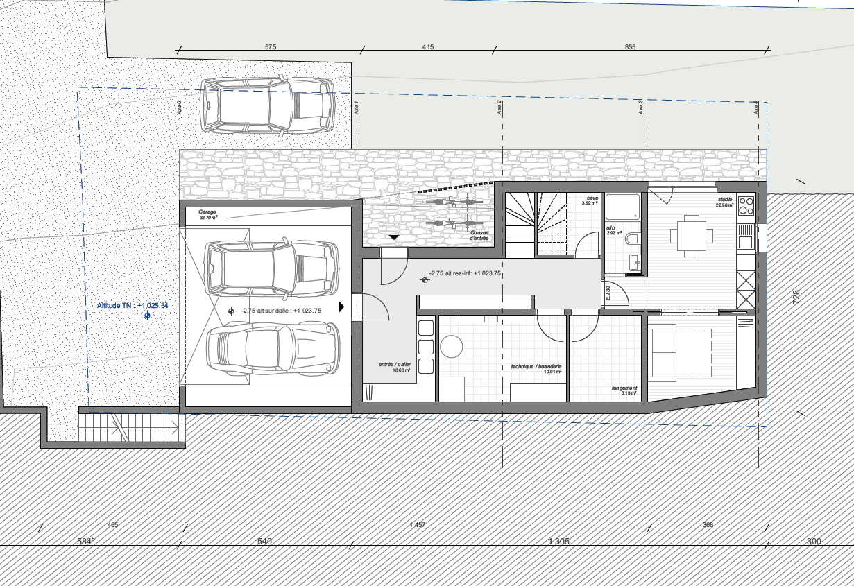 Plan technique de mise à l'enquête montrant l'implantation d'un bâtiment et ses façades.