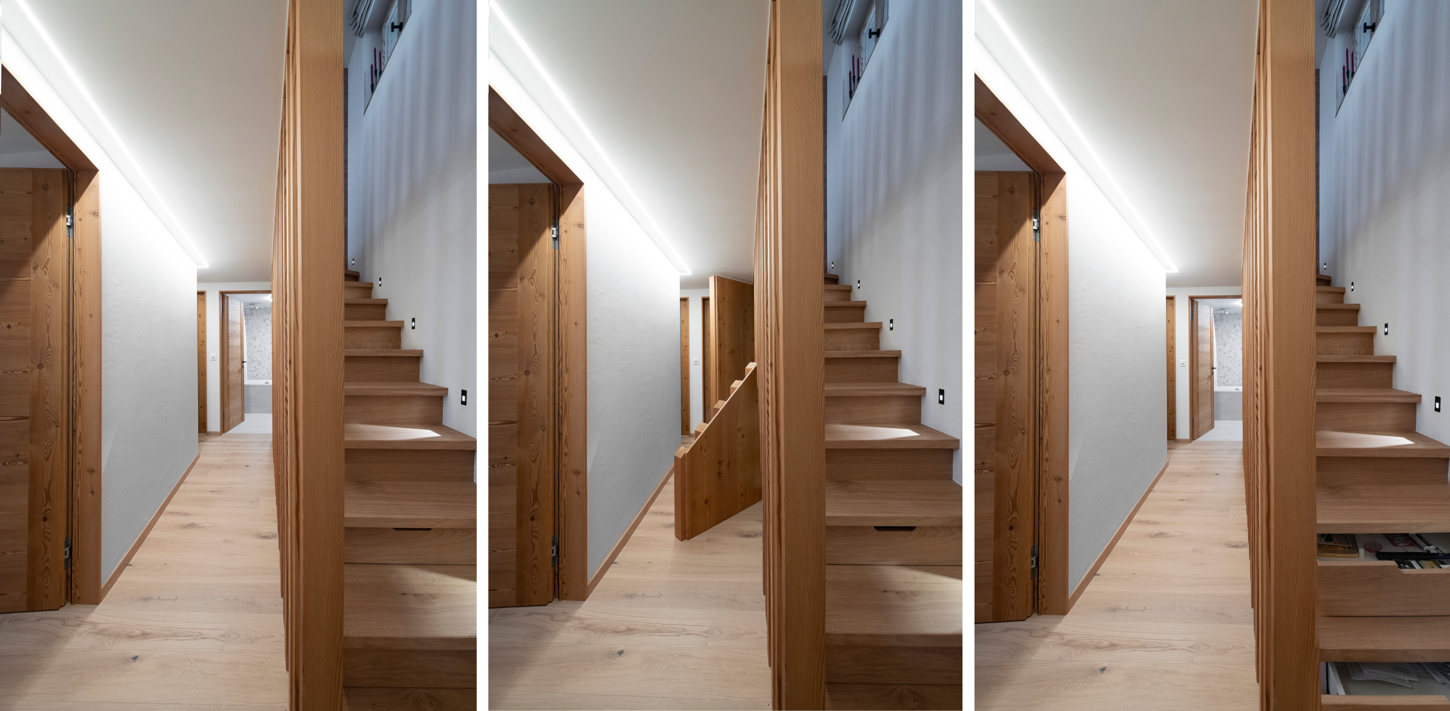 Exploitation de l'escalier et de l'espace sous ce dernier pour y intégrer des rangements