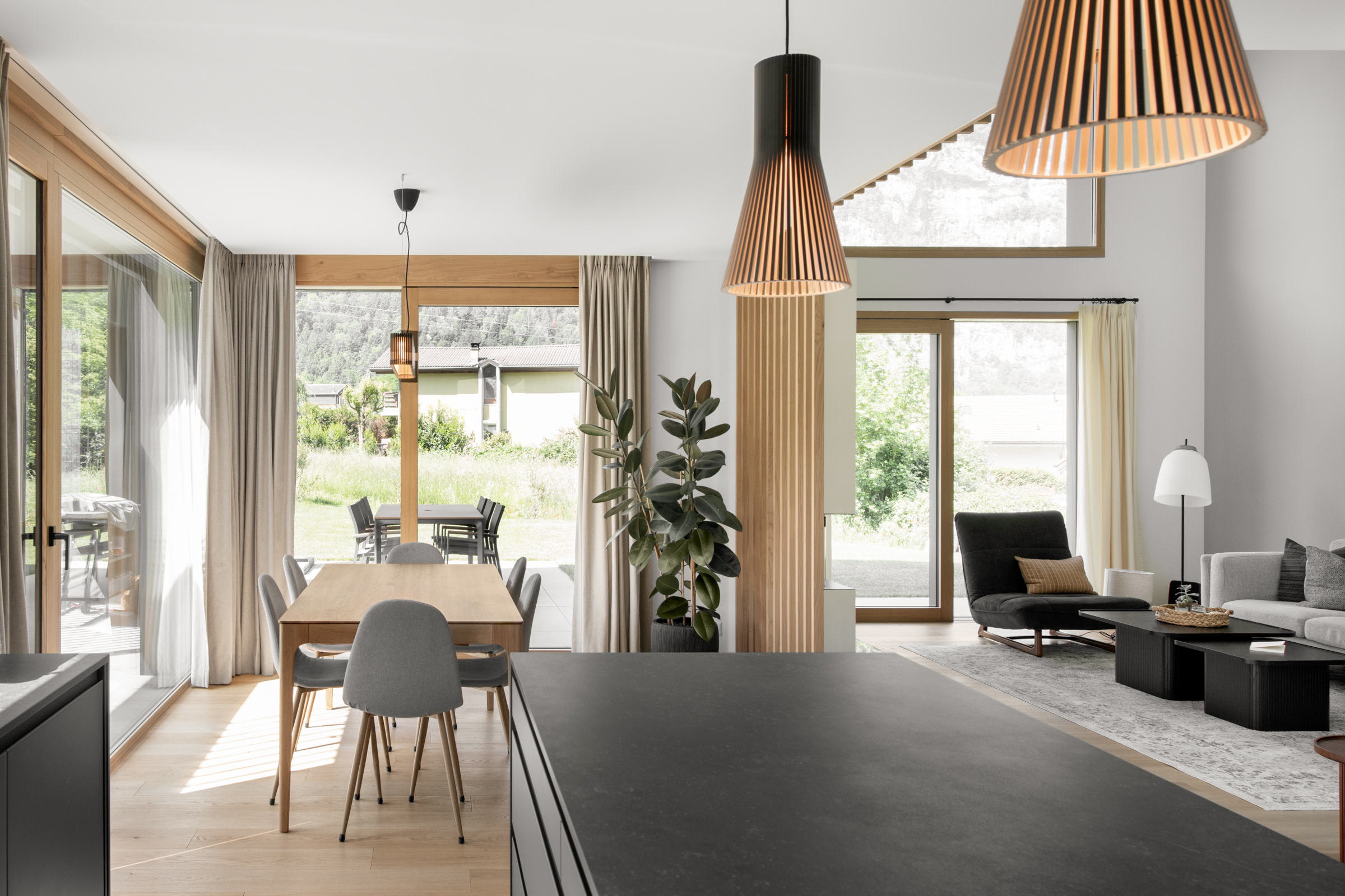 Cuisine, îlot, Saint-Maurice, villa, ossature bois, lampe, Alp'Architecture