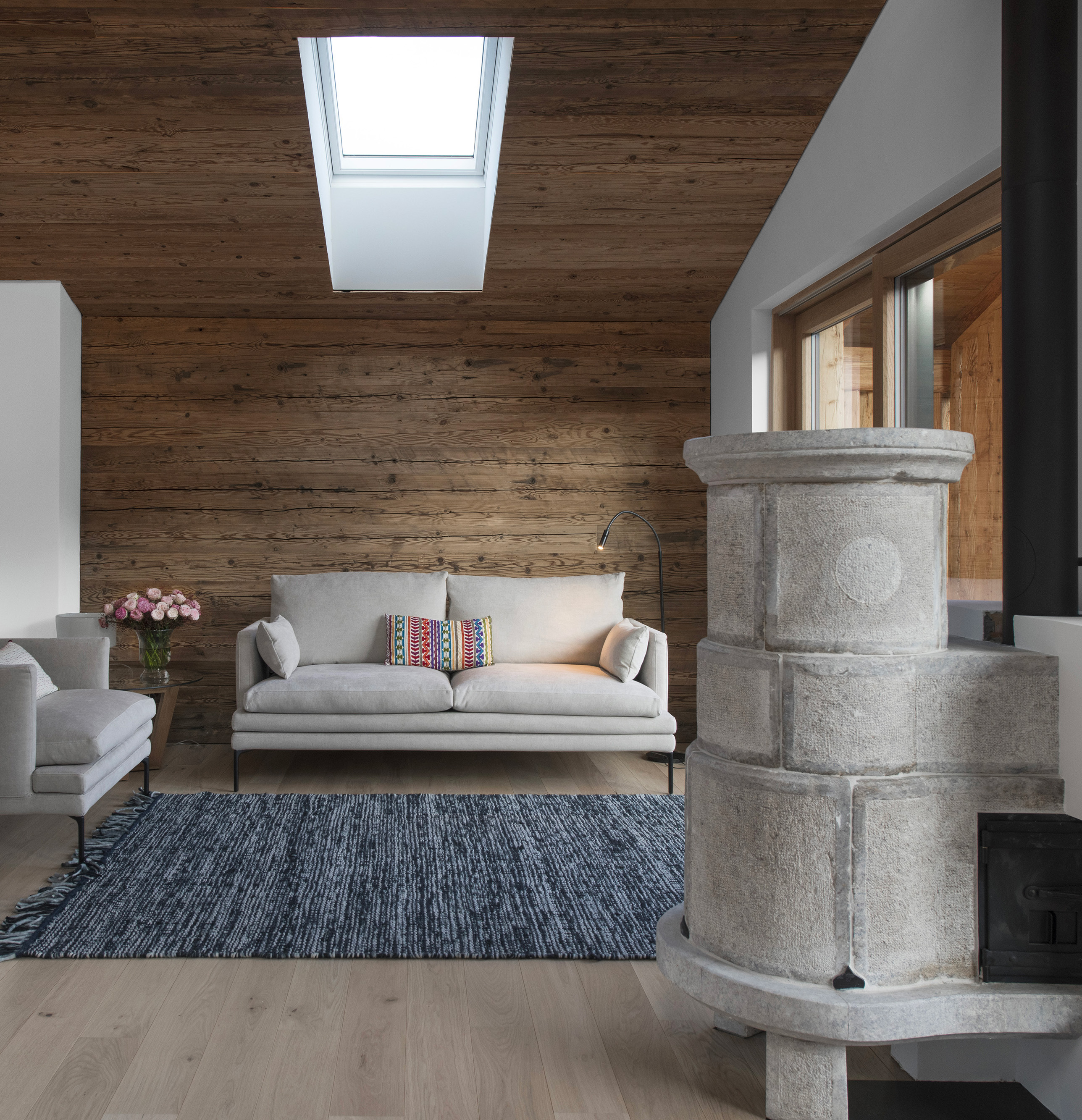 Rénovation, séjour, poêle, Sarreyer, Alp'Architecture