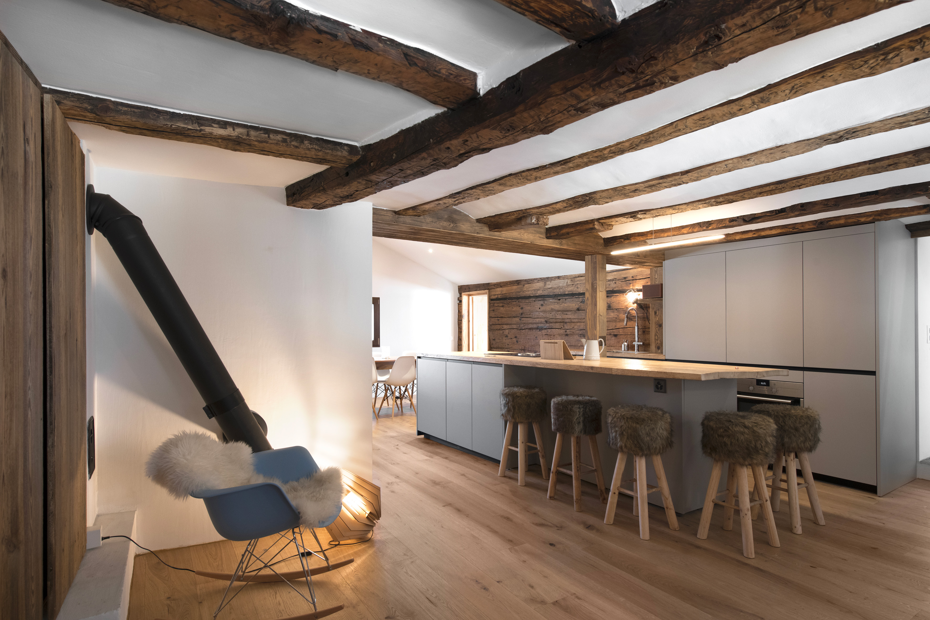 Rénovation, séjour, cuisine, Chermignon, Crans-Montana, Alp'Architecture
