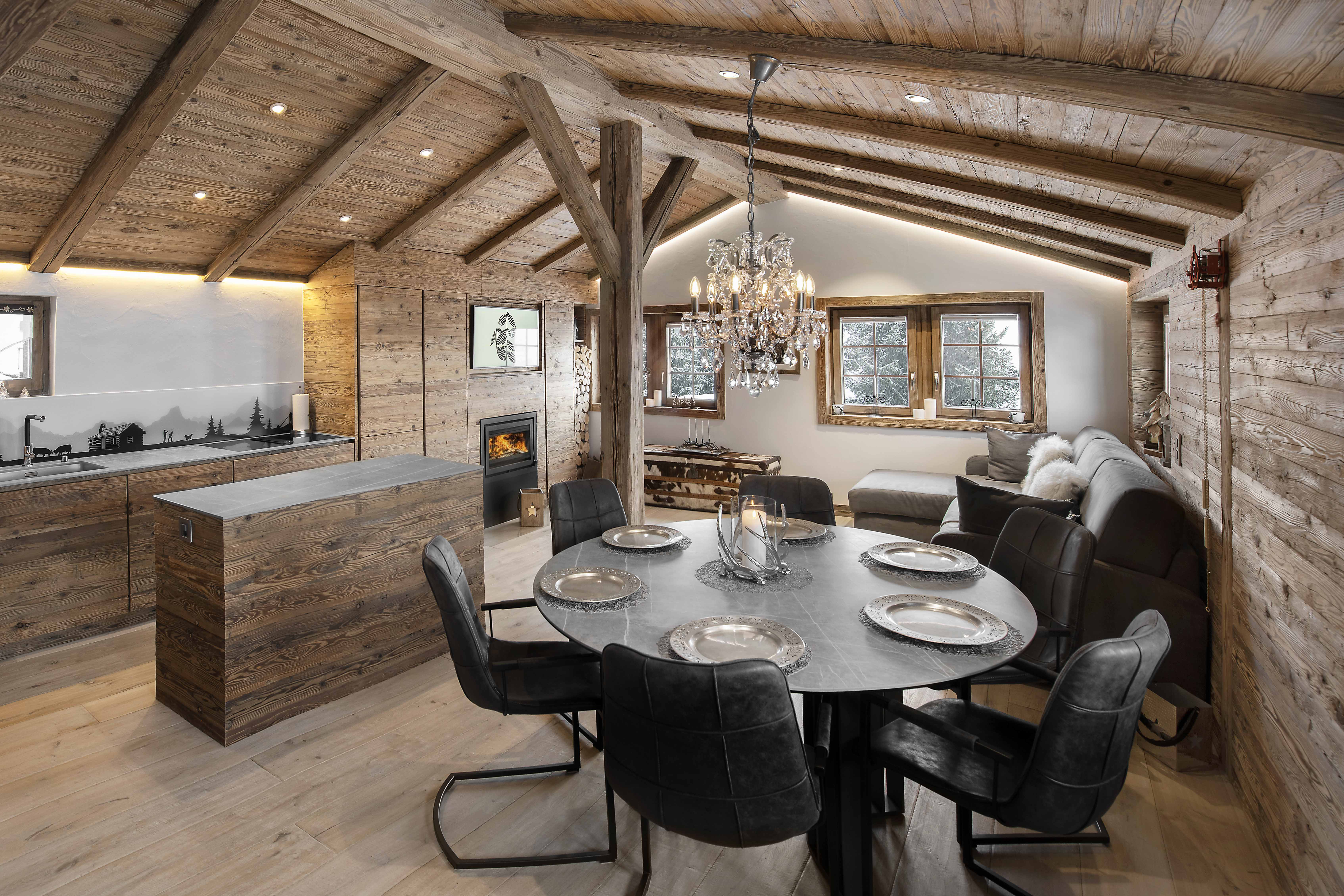 Rénovation, séjour, vieux bois, salle à manger, paroi équipée, Verbier, Val de Bagnes, Alp'Architecture