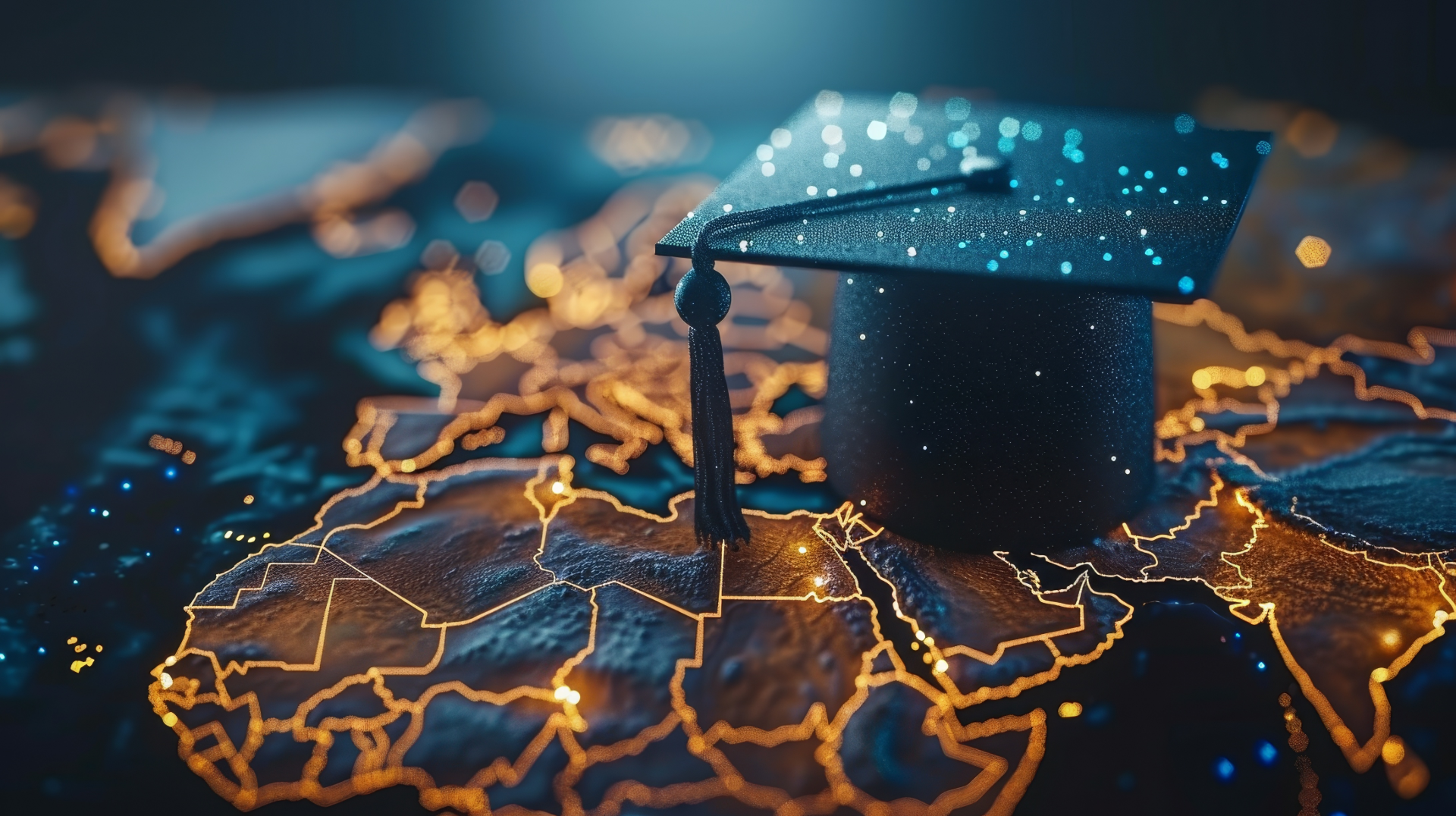 Close-up of a graduation cap placed on an illuminated world map highlighting country borders.