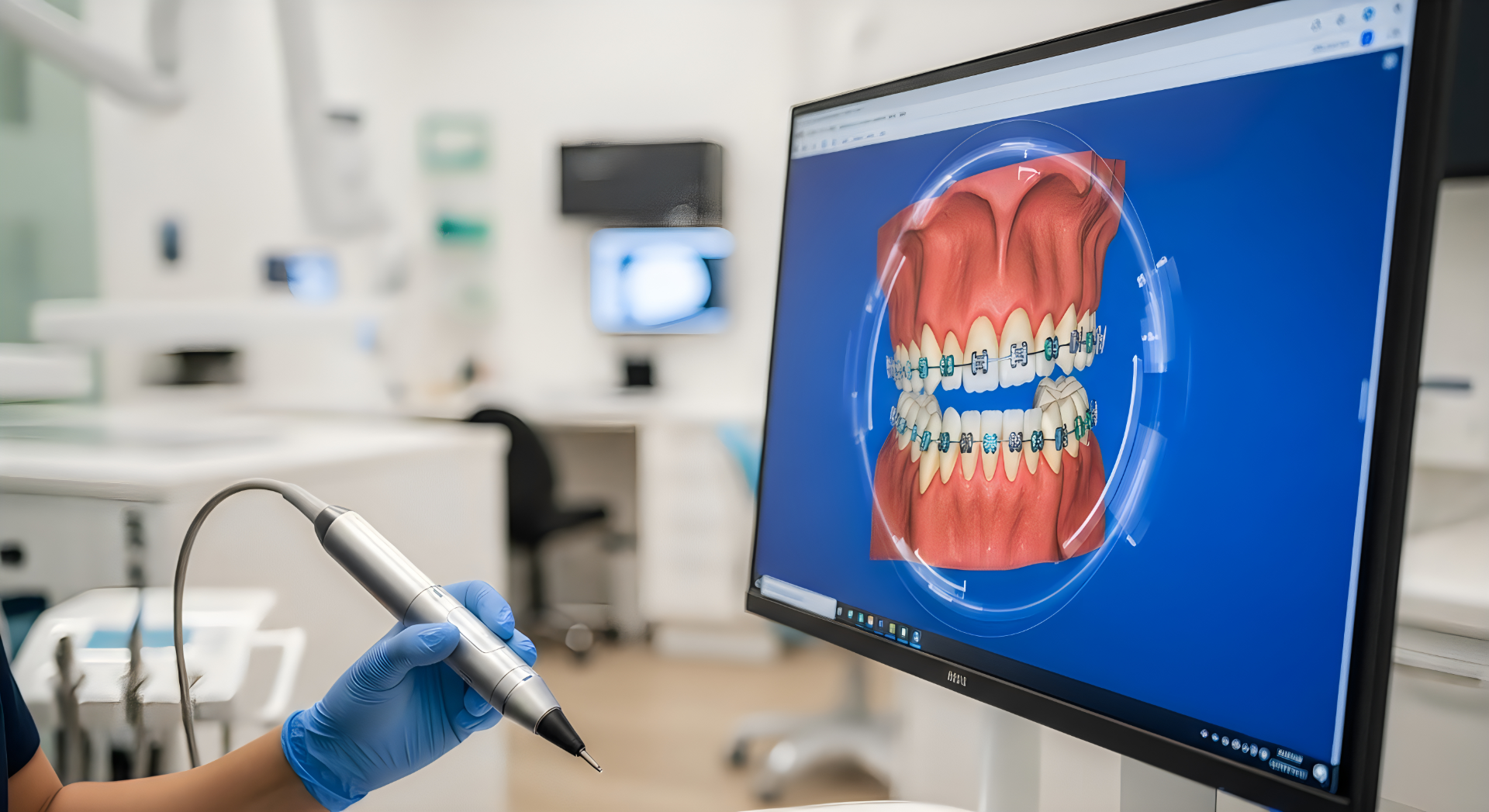 Gloved hand holding dental scanner with teeth braces image on computer screen in clinic.