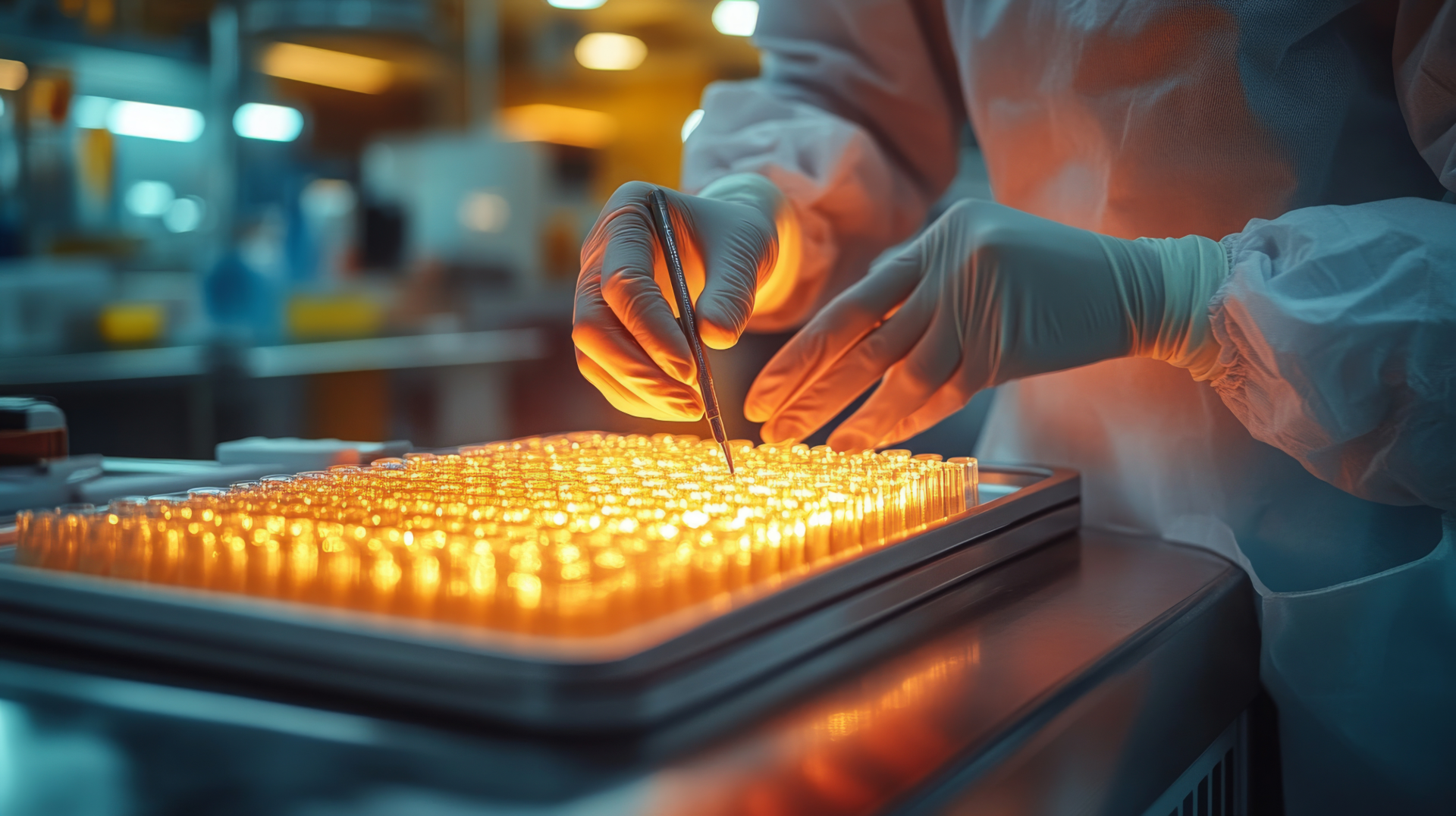 Scientist in protective gear handling a tray of glowing test tubes with tweezers in a lab.