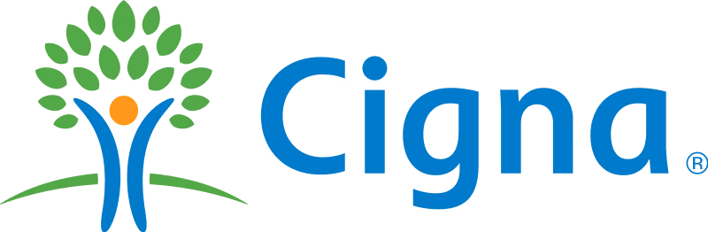 Cigna health services logo with a tree formed by green leaves and a person in blue.