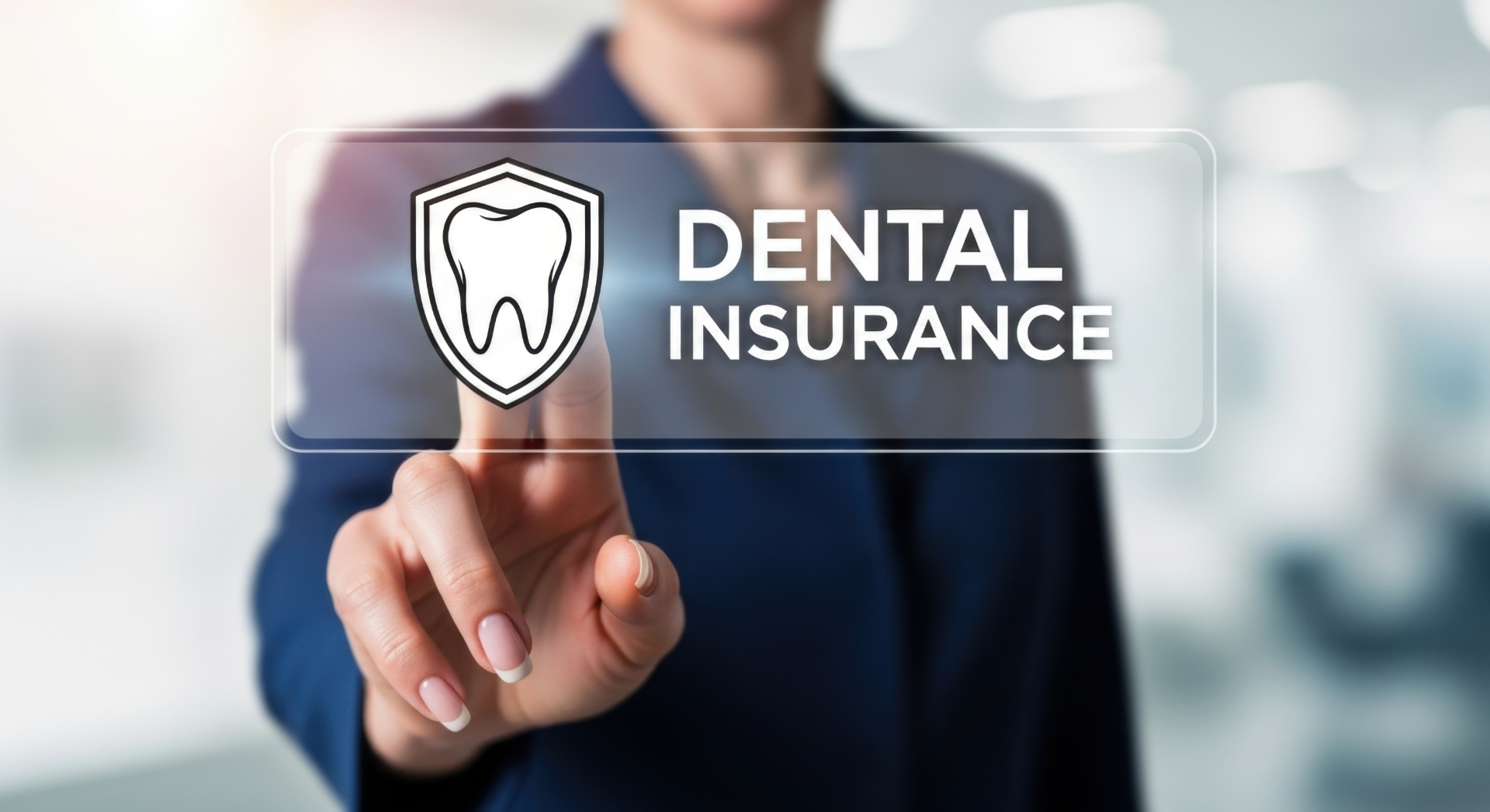 Person in business attire pointing at a transparent screen displaying a tooth shield icon and 'Dental Insurance' text.