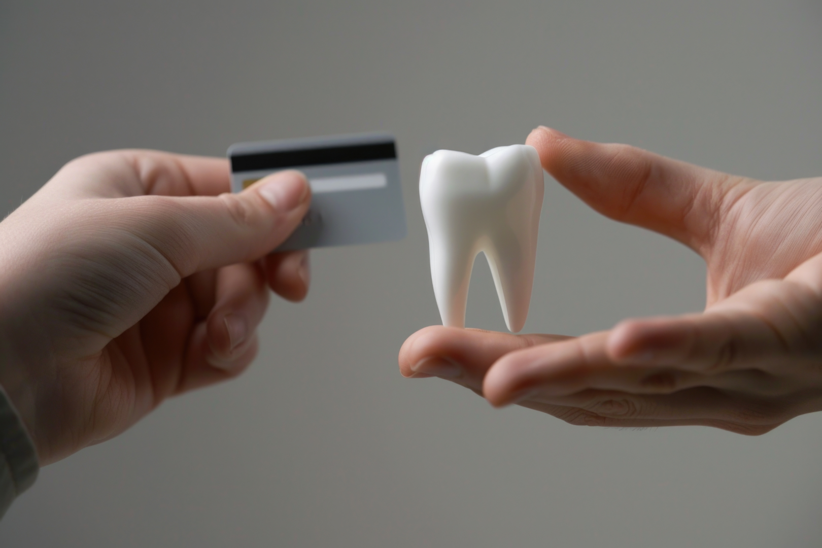 Hand holding a small white tooth model while another hand holds a credit card beside it.